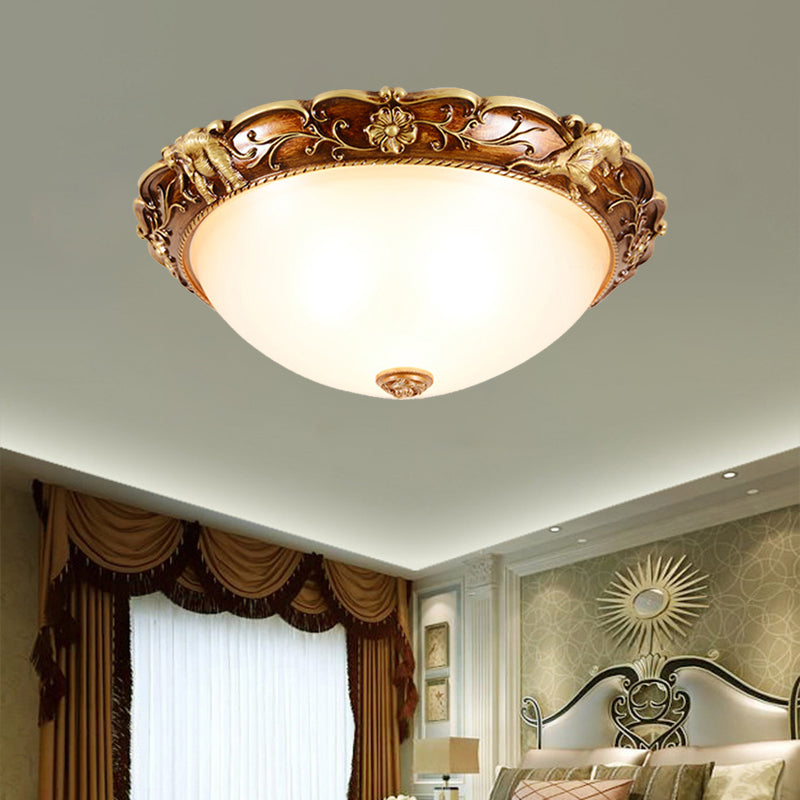 Traditional Flush Mount Ceiling Lighting With Floral And Elephant Deco In Brown - 3 - Light Bowl