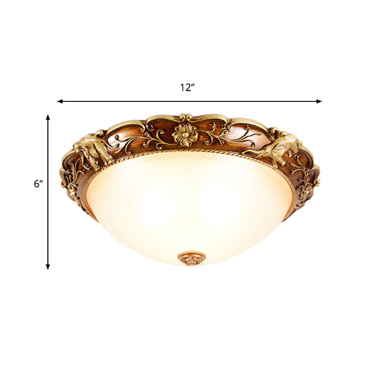 Traditional Flush Mount Ceiling Lighting With Floral And Elephant Deco In Brown - 3-Light Bowl