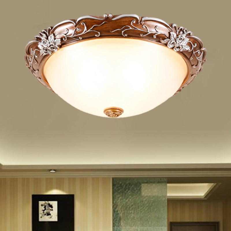 Milky Glass Brown Ceiling Lamp - Semi-Spherical 3 Bulb Flush Mount Lighting With Flower Pattern