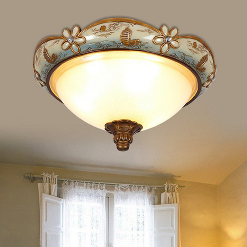 Vintage Opaline Glass Dome Ceiling Lamp With Blue - White Flush Mount And Bloom Decoration
