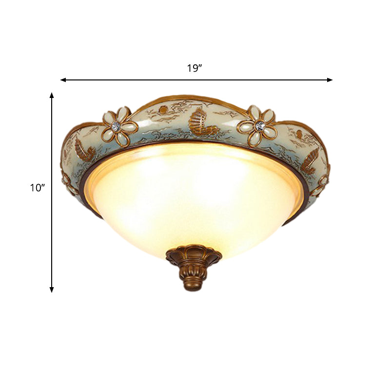 Vintage Opaline Glass Dome Ceiling Lamp With Blue - White Flush Mount And Bloom Decoration