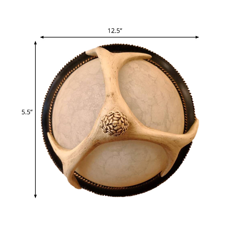 Semi-Ball Flush Mount 2-Head Ceiling Light With Classic Wood Resin And Antler Deco - Ideal For