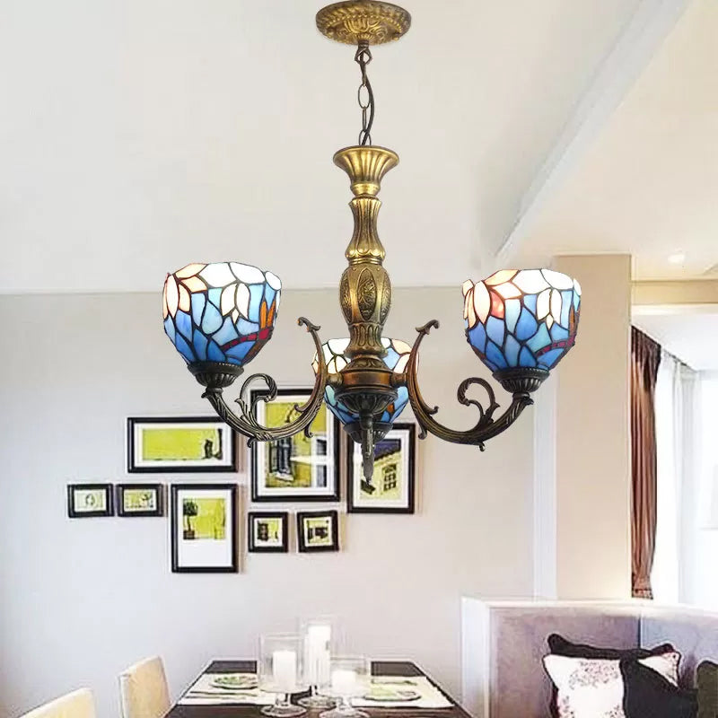 Tiffany Style 3-Light Chandelier With Art Glass Bell Shades In Aged Brass For Living Rooms Blue