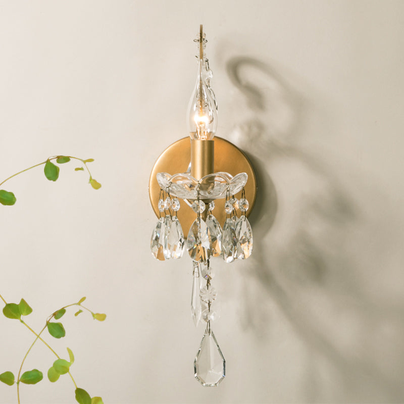 Traditional 1-Bulb Metallic Wall Light With Crystal Droplet In Gold - Perfect For Hallways