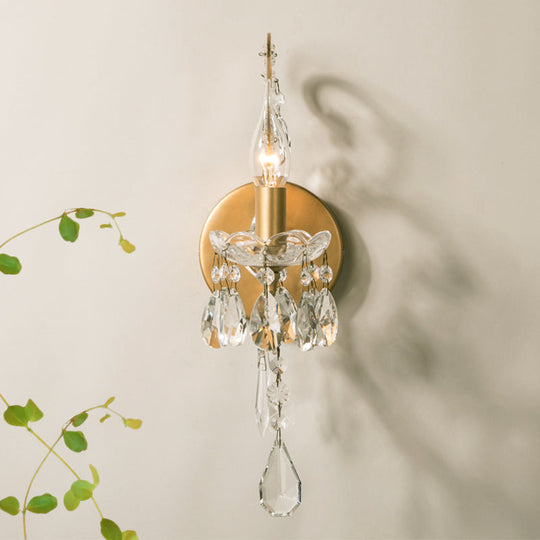 Traditional 1-Bulb Metallic Wall Light With Crystal Droplet In Gold - Perfect For Hallways