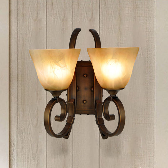 Minimalist Tapered Sconce Lighting: 2-Light Wall Lamp Fixture In Bronze With Crackled Glass &