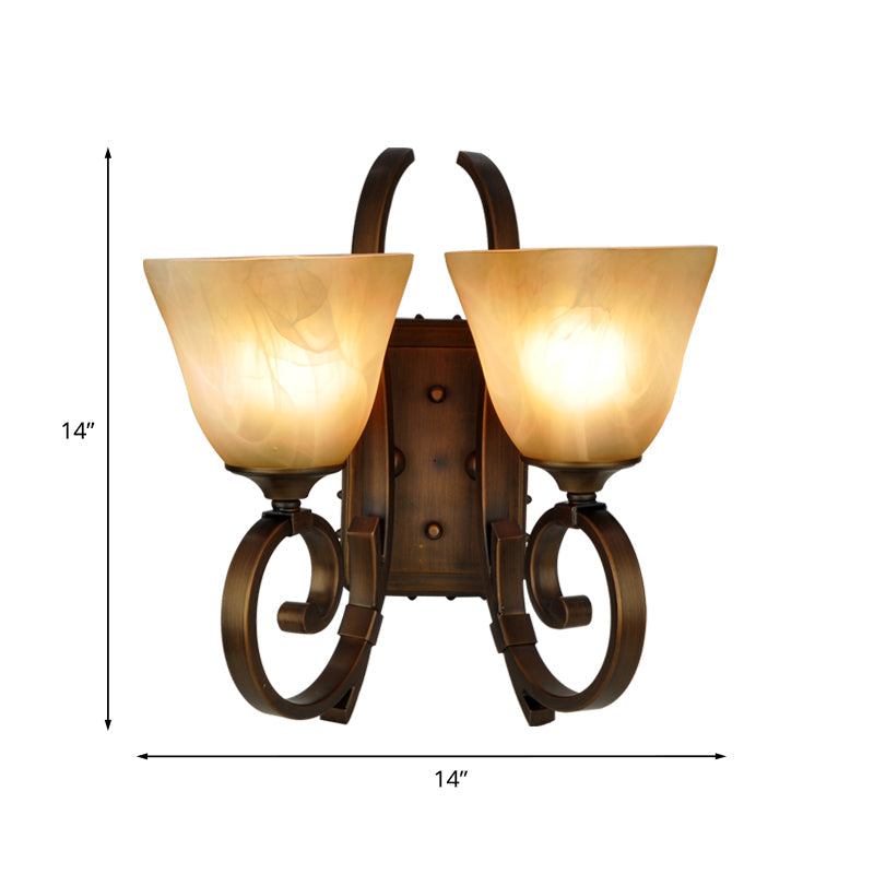 Minimalist Tapered Sconce Lighting: 2-Light Wall Lamp Fixture In Bronze With Crackled Glass &