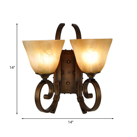 Minimalist Tapered Sconce Lighting: 2-Light Wall Lamp Fixture In Bronze With Crackled Glass &