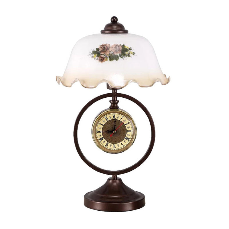 Vintage Opaline Glass Dome Table Lamp With Rustic Design & Clock