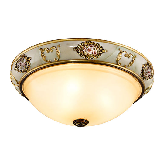 Vintage Opal Glass Bowl Flush Mount Ceiling Lamp With 3 Lights - Gold Finish