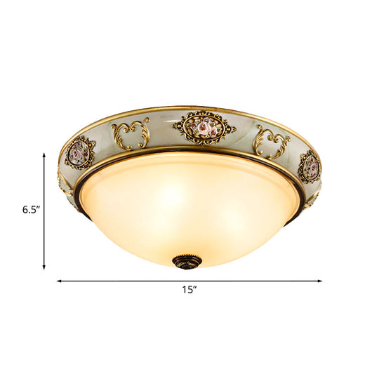 Vintage Opal Glass Bowl Flush Mount Ceiling Lamp With 3 Lights - Gold Finish