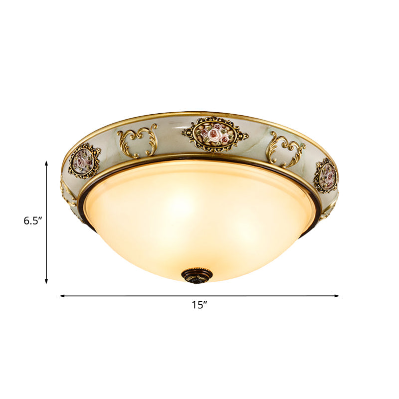 Vintage Opal Glass Bowl Flush Mount Ceiling Lamp With 3 Lights - Gold Finish