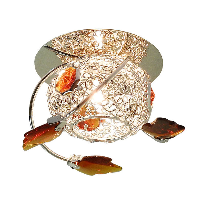 Modern Leaf Corridor Flushmount Light With Faceted Tan Crystal And Globe Cage Shade