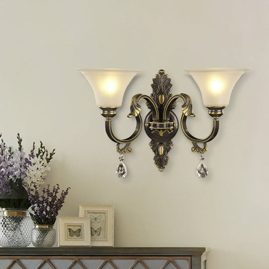 Black And Gold Crystal Raindrop Bell Shade Wall Sconce Light Fixture With 2-Bulb Mount