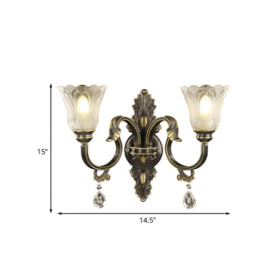 Modern Floral Shade Wall Sconce With Crystal Drip - 2 Lights Black & Gold