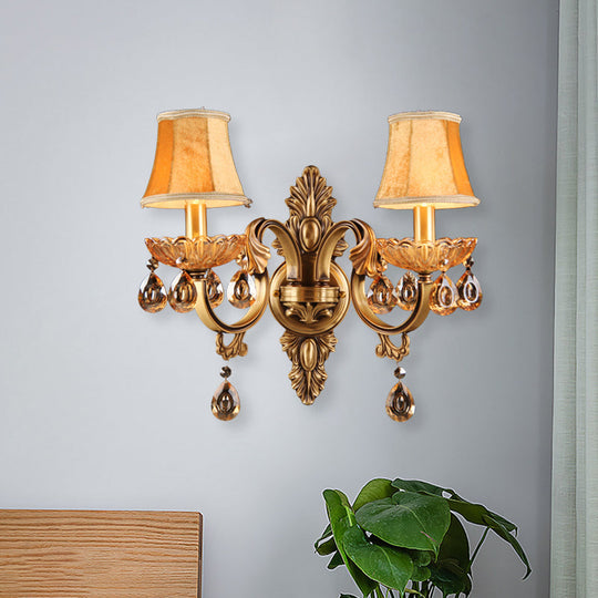 Crystal Raindrop Fabric Sconce: Countryside Brass Wall Lighting For Bedroom