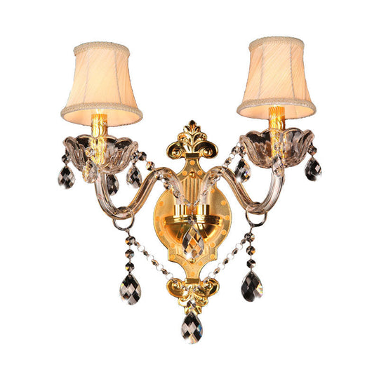 Gold Crystal Drip Wall Sconce With Bell Shade - Bedroom Mounted Light Elegant 2-Bulb Lighting