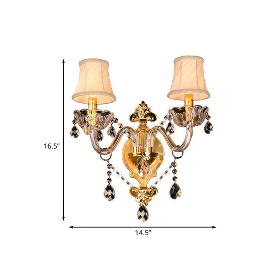 Gold Crystal Drip Wall Sconce With Bell Shade - Bedroom Mounted Light Elegant 2-Bulb Lighting