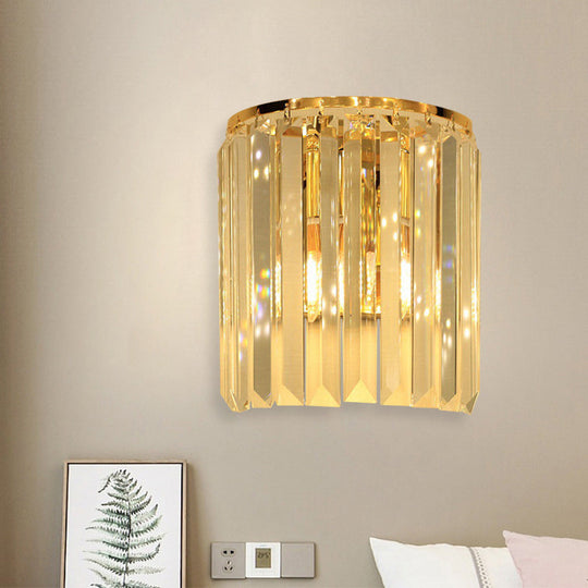 Simple Gold Wall Sconce With Semi Cylindrical Crystal Block - 1 Head Mounted Light Fixture