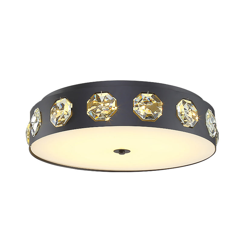 Contemporary Black Led Flush Mount Ceiling Light Fixture With Crystal Drum Insert