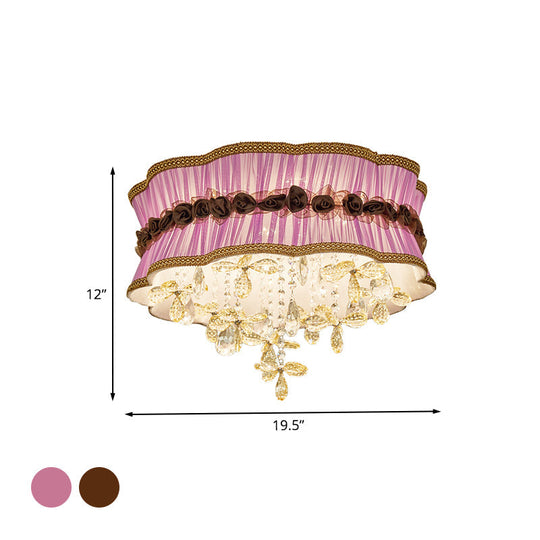 Nordic Crystal Floral Flushmount Light With Sheer Fabric Shade - Coffee/Pink 6-Bulb Close To Ceiling