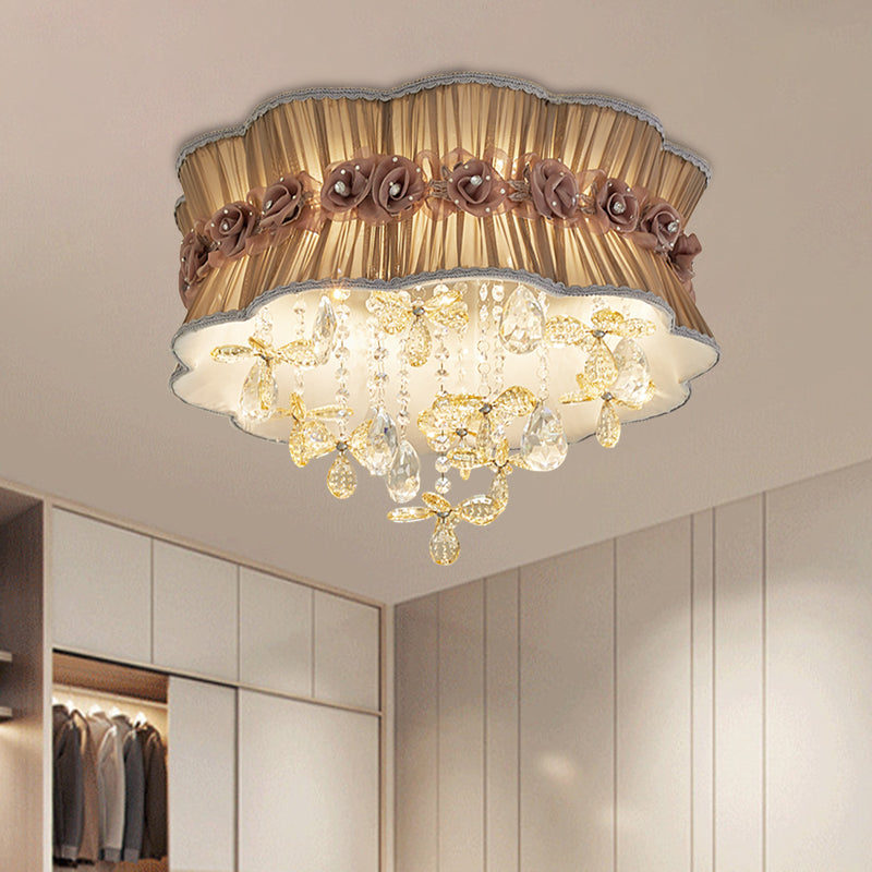Nordic Crystal Floral Flushmount Light With Sheer Fabric Shade - Coffee/Pink 6-Bulb Close To Ceiling