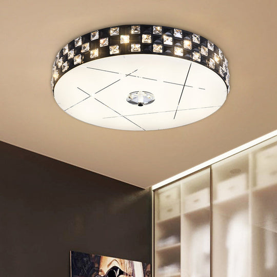 Black Beveled Crystal Led Drum Flushmount Ceiling Light For Guest Room