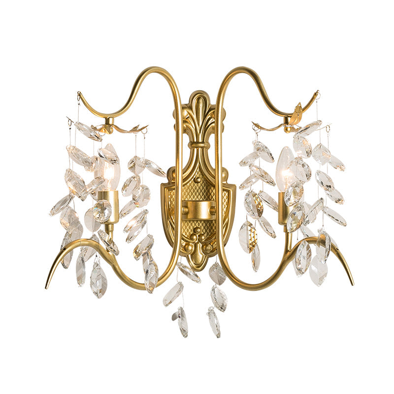 Gold Leaf Crystal Drip Sconce Light - 2 Lights Wall Fixture For Guest Room Lighting