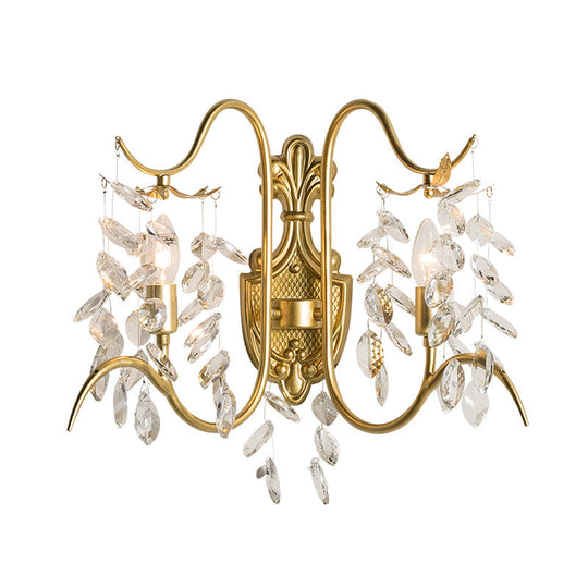 Gold Leaf Crystal Drip Sconce Light - 2 Lights Wall Fixture For Guest Room Lighting