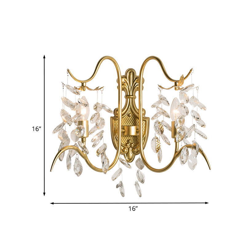 Gold Leaf Crystal Drip Sconce Light - 2 Lights Wall Fixture For Guest Room Lighting