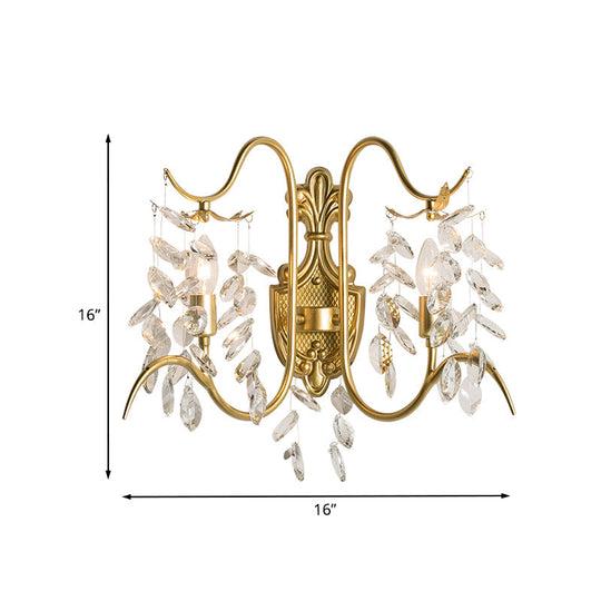 Gold Leaf Crystal Drip Sconce Light - 2 Lights Wall Fixture For Guest Room Lighting