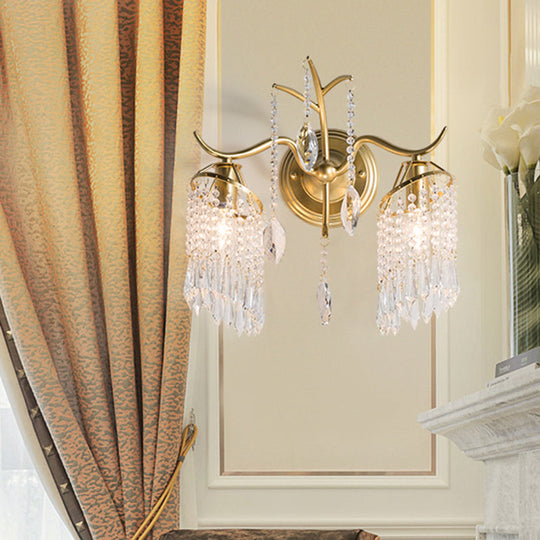 Modern Gold Crystal Teardrop Wall Sconce With Windbell Design - 2 Heads Lighting