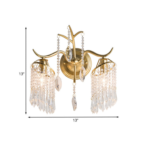 Modern Gold Crystal Teardrop Wall Sconce With Windbell Design - 2 Heads Lighting