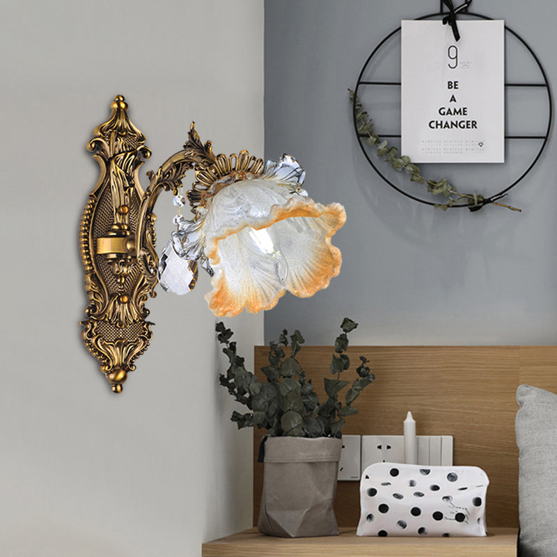 Vintage Gold Crystal Wall Sconce Light Fixture With Floral Design - 1 Bulb