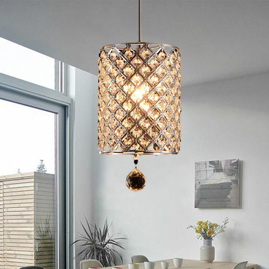 Modern Silver Crystal Finial Pendant Lamp For Living Room Ceiling With Faceted Cylindrical Design