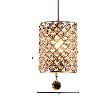 Modern Silver Crystal Finial Pendant Lamp For Living Room Ceiling With Faceted Cylindrical Design