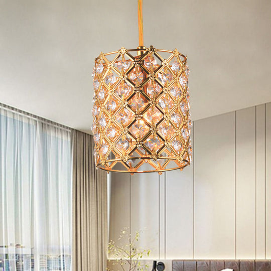 Gold Crystal Ceiling Pendant Light - Hand-Crafted Cylindrical Fixture With Straight Arm 1 Bulb