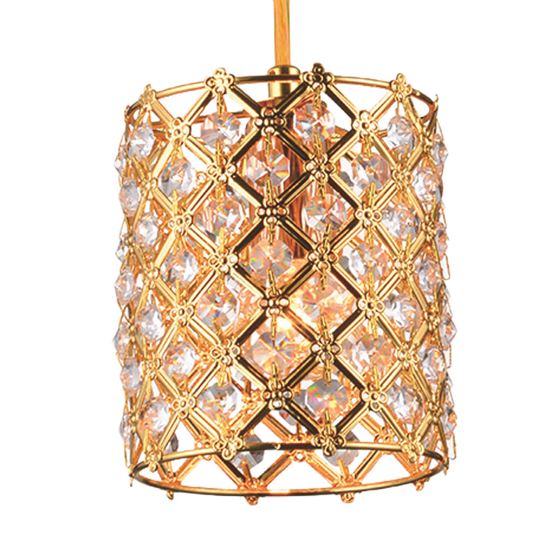 Gold Crystal Ceiling Pendant Light With Hand-Cut Cylindrical Glass And Straight Arm