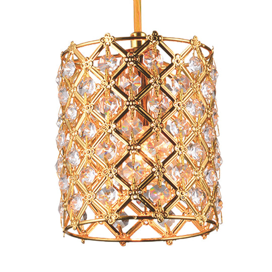 Gold Crystal Ceiling Pendant Light With Hand-Cut Cylindrical Glass And Straight Arm