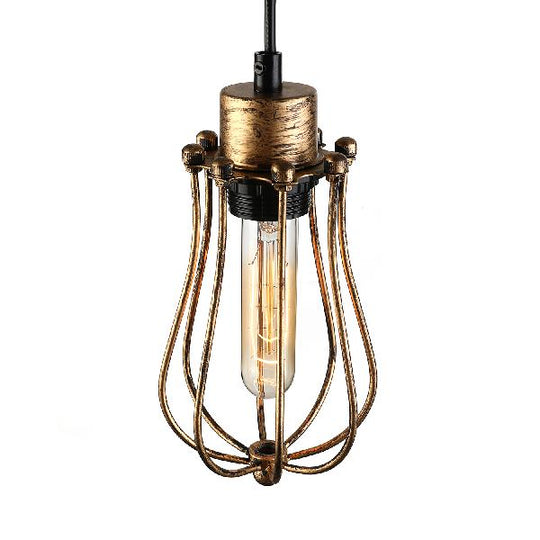 Antique Brass Metal Pendant Light Cage - Stylish Farmhouse Hanging Lamp Fixture With 1