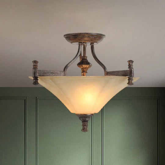 Classic Triangle Ribbed Glass Flushmount Lamp - 3 - Bulb Coffee Ceiling Light