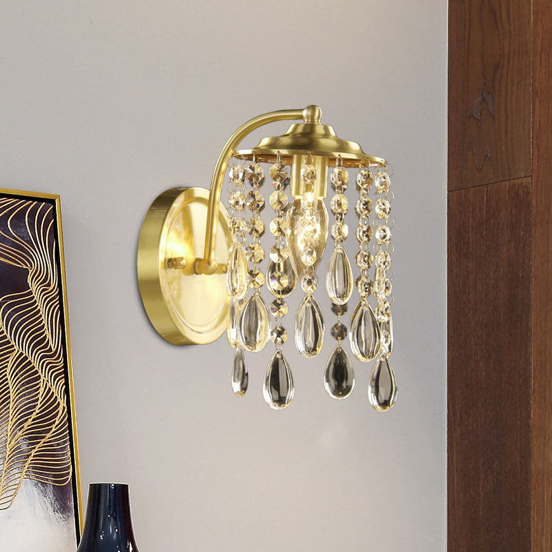 Teardrop Crystal Brass Wall Sconce For Bedroom - Elegant 1-Bulb Cylindrical Light