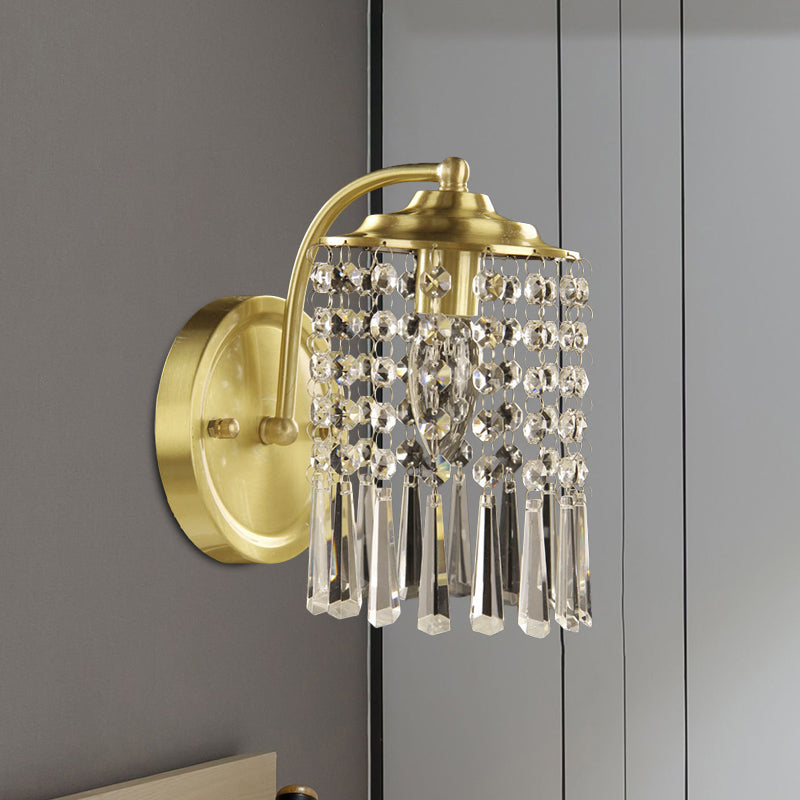 Countryside Brass Crystal Drip Sconce Wall Light With Cylinder Shade