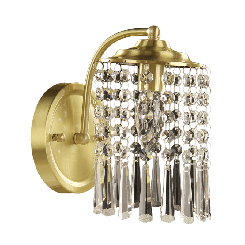 Countryside Brass Crystal Drip Sconce Wall Light With Cylinder Shade