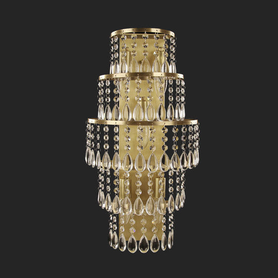 Contemporary Crystal Wall Sconce With 5-Bulb Brass Mount - Layered Bedside Light