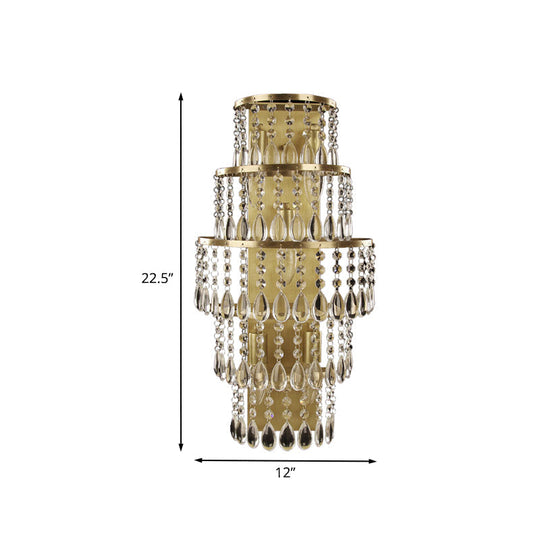 Contemporary Crystal Wall Sconce With 5-Bulb Brass Mount - Layered Bedside Light