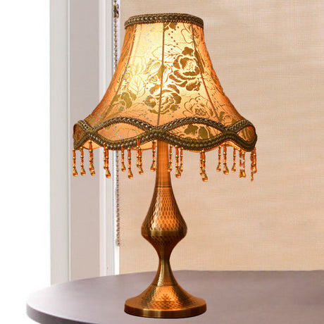 Vintage Brass Floral Print Nightstand Lamp With Flared Fabric Shade