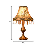Vintage Brass Floral Print Nightstand Lamp With Flared Fabric Shade