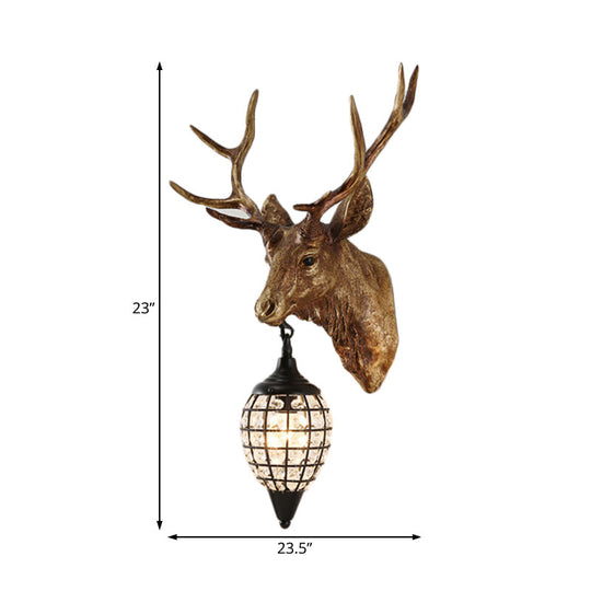 Farmhouse Single-Bulb Deer Head Wall Lamp With Crystal Shade In Brown/Gold Resin Sconce Lighting