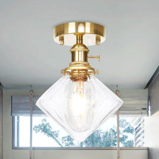 Industrially Styled Gem Shade Semi Flush Light For Living Rooms With Prismatic Glass And